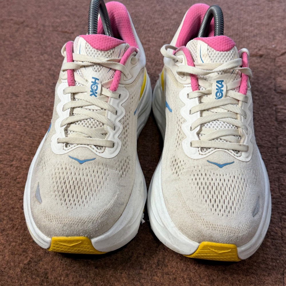 Hoka Bondi 9 Womens Running Shoes 8.5 Alabaster Sea Glass Pink Yellow 1162012 A- - Picture 2 of 11